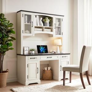 JXQTLINGMU Farmhouse 76" Height Computer Desk with Hutch, Office Desk with Charging Station, Drawers and Storage Cabinet, Workstation for Office Home, Off White