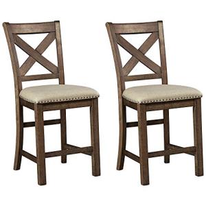 Signature Design by Ashley Moriville Rustic Farmhouse 24.5" Upholstered Barstool, 2 Count, Beige & Brown