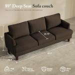 Busaurus 3 Seater Sofa Couch with Deep Seats, 89" Mid Century Modern Upholstered Sofa with Armrests, Comfy Couches for Living Room, Bedroom, Apartment and Office (Brown)