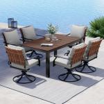 7-Piece Outdoor Dining Set, 6 Leather-Look Resin Wicker Swivel Patio Chairs & 1 Rectangular Woodgrain Dining Table, Brown