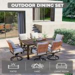 7-Piece Outdoor Dining Set, 6 Leather-Look Resin Wicker Swivel Patio Chairs & 1 Rectangular Woodgrain Dining Table, Brown