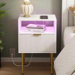 Modern Nightstand with Charging Station and LED Lights, White Bedside Table with Drawer, Fluted Side Table for Living Room, Bedroom