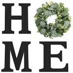 Wood Home Sign with Artificial Eucalyptus Wreath for O, Hanging Farmhouse Wall House Decor Wood Letters for Wall Art Rustic Home Decor, Wall Decor for Living Room Kitchen Entryway (Black)