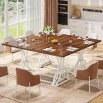 DWVO 70.3" Large Modern Dining Table for 6-8 People, Rectangular Walnut Kitchen Dining Room Table with Thick Tabletop and White Geometric Metal Legs, Farmhouse Wood Dinner Tables