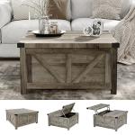 jimeimen Farmhouse Lift Top Coffee Table with Storage, Wood Square Center Table with Charging Station&USB Port, Living Room Table w/Large Hidden Space, for Living Room, Bedroom, Home Office, Grey