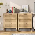 Irontar Rattan Nightstand with Charging Station, Night Stand with 3 Large Rattan Drawers, Accent End Table, Bedside Table with Solid Wooden Legs for Bedroom, Natural BZZ006ME