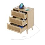 Irontar Rattan Nightstand with Charging Station, Night Stand with 3 Large Rattan Drawers, Accent End Table, Bedside Table with Solid Wooden Legs for Bedroom, Natural BZZ006ME