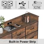 EXOTICA Industrial Dresser for Bedroom with Charging Station and LED Light Fabric Storage Dresser with 9 Fabric Drawers Chest of Drawers for Closet Hallway Sturdy Steel Frame Wooden Top