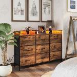 EXOTICA Industrial Dresser for Bedroom with Charging Station and LED Light Fabric Storage Dresser with 9 Fabric Drawers Chest of Drawers for Closet Hallway Sturdy Steel Frame Wooden Top