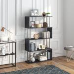 HOMCOM Modern S-Shaped 5 Tier Room Dividing Bookcase Wooden Storage Display Stand Shelf - Black