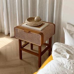 Nordic simple rattan bedside table retro light luxury wabi sand wind side cabinet home bed and  storage cabinet