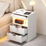 Yusong Night Stand, Bedside Table, LED Nightstand with Charging Station, Modern Night Stand, Wood Sofa Couch End Side Table with 2 Pull-Out Shelf, White