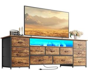 Huuger 63 Inch TV Stand for 65, 70 Inch TV, 11 Drawer Long Dresser with Power Outlets and LED Lights, Entertainment Center with Storage, Rustic Brown Dresser with PU Leather Surface
