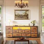 Huuger 63 Inch TV Stand for 65, 70 Inch TV, 11 Drawer Long Dresser with Power Outlets and LED Lights, Entertainment Center with Storage, Rustic Brown Dresser with PU Leather Surface