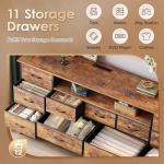 Huuger 63 Inch TV Stand for 65, 70 Inch TV, 11 Drawer Long Dresser with Power Outlets and LED Lights, Entertainment Center with Storage, Rustic Brown Dresser with PU Leather Surface