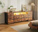 Huuger 63 Inch TV Stand for 65, 70 Inch TV, 11 Drawer Long Dresser with Power Outlets and LED Lights, Entertainment Center with Storage, Rustic Brown Dresser with PU Leather Surface