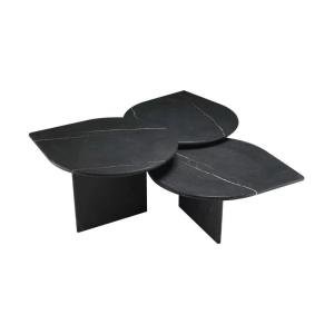 Italian Design Black Marble Coffee Table Set - Leaf Shape Nesting Tables, Luxury Triple Sofa Side Table for Living Room Decor