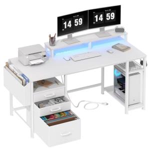 Lufeiya White Computer Desk with File Drawers Cabinet, 55 Inch Home Office Desk with Monitor Stand Shelves, Writing Study Gaming Desks with Led Lights and Power Outlets for Bedroom, White