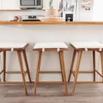 Nathan James Barker Counter Height Solid Wood Barstool with Upholstered Cushion, Backless Island Stool with Rubberwood Legs and Natural Textured Linen Upholstery for Kitchen, Brown/White