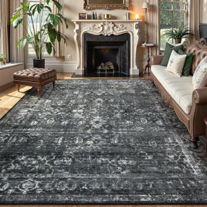 Lahome Area Rugs 9x12 Living Room Soft Large Rugs for Bedroom, Boho Black Dining Room Rug, Distressed Non Slip Low Pile Carpet for Indoor Home Office(9'x12', Black/Grey)