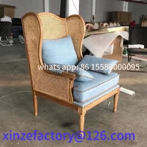 Customizable  Living Room Wood Wicker Rattan Woven Back Frame Upholstered Wing Back Chair