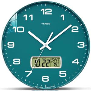 TIMESS Wall Clock, 12" Dial Non-Ticking Silent Battery Operated Analog with LCD Display for Perpetual Calendar and F° Temperature, Ideal Modern Home, Bedroom, Kitchen, Office Decor (Green)