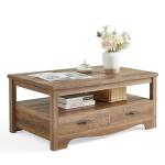 LINSY HOME Farmhouse Coffee Table with Storage, Wood Coffee Table for Living Room, Open Display Area and Storage Drawers with Metal Handles, Chic Style with Curved Base, Brown