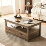 LINSY HOME Farmhouse Coffee Table with Storage, Wood Coffee Table for Living Room, Open Display Area and Storage Drawers with Metal Handles, Chic Style with Curved Base, Brown