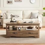 LINSY HOME Farmhouse Coffee Table with Storage, Wood Coffee Table for Living Room, Open Display Area and Storage Drawers with Metal Handles, Chic Style with Curved Base, Brown