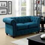 Contemporary Dark Teal Loveseat, Button-Tufted, Rolled Arms, Nailhead Trim, Faux Leather Couch