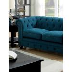 Contemporary Dark Teal Loveseat, Button-Tufted, Rolled Arms, Nailhead Trim, Faux Leather Couch