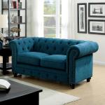 Contemporary Dark Teal Loveseat, Button-Tufted, Rolled Arms, Nailhead Trim, Faux Leather Couch