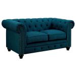 Contemporary Dark Teal Loveseat, Button-Tufted, Rolled Arms, Nailhead Trim, Faux Leather Couch