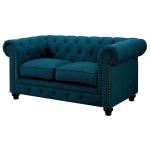 Contemporary Dark Teal Loveseat, Button-Tufted, Rolled Arms, Nailhead Trim, Faux Leather Couch
