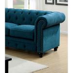 Contemporary Dark Teal Loveseat, Button-Tufted, Rolled Arms, Nailhead Trim, Faux Leather Couch