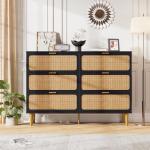GarveeHome Rattan 6 Drawer Dresser for Bedroom, Large Double Dresser with Deep Drawers, Long Wooden Chest of Drawers for Closet with Wide Top, for Living Room, Hallway, Kids Room, Black