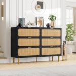 GarveeHome Rattan 6 Drawer Dresser for Bedroom, Large Double Dresser with Deep Drawers, Long Wooden Chest of Drawers for Closet with Wide Top, for Living Room, Hallway, Kids Room, Black
