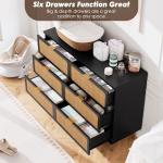 GarveeHome Rattan 6 Drawer Dresser for Bedroom, Large Double Dresser with Deep Drawers, Long Wooden Chest of Drawers for Closet with Wide Top, for Living Room, Hallway, Kids Room, Black