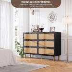 GarveeHome Rattan 6 Drawer Dresser for Bedroom, Large Double Dresser with Deep Drawers, Long Wooden Chest of Drawers for Closet with Wide Top, for Living Room, Hallway, Kids Room, Black