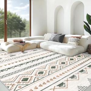 Area Rug Living Room Rugs 8x10 - Large Soft Boho Geometric Rug, Non-Slip Foldable Washable Rugs Non Shedding Morden Indoor Floor Carpet for Living Room Bedroom Office Dining Room(Brown Green,8'x10')