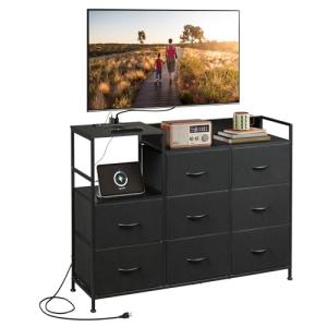 WLIVE Black Dresser TV Stand for Bedroom with Charging Station and Open Shelves, Fabric Dresser with 8 Drawers and Wood Top, Wide Storage Chest of Drawers for Living Room, Hallway