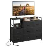 WLIVE Black Dresser TV Stand for Bedroom with Charging Station and Open Shelves, Fabric Dresser with 8 Drawers and Wood Top, Wide Storage Chest of Drawers for Living Room, Hallway