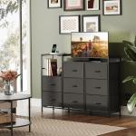 WLIVE Black Dresser TV Stand for Bedroom with Charging Station and Open Shelves, Fabric Dresser with 8 Drawers and Wood Top, Wide Storage Chest of Drawers for Living Room, Hallway