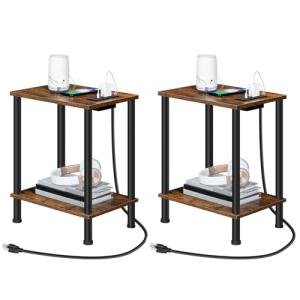 HOOBRO Side Table with Charging Station, Set of 2 End Tables with USB Port and Outlets, Nightstand with 2-Layer Storage Shelves for Small Spaces, Living Room, Bedroom, Rustic Brown BF09UBZP201