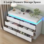 Gyfimoie 6 Drawer Dresser with Power Outlet, Dresser with LED Light, Modern Chest of Drawers for Closet, Double Wide Drawer Organizer Cabinet for Bedroom, Living Room (White, 6 Drawers)