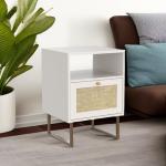 Masupu Rattan Nightstand,Modern Boho Farmhouse Wood Bedside Table with Storage Drawer and Open Shelf,Small Gold Frame Side End Table for Bedroom,Living Room,Office(White)