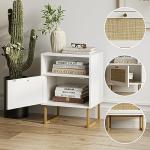 Masupu Rattan Nightstand,Modern Boho Farmhouse Wood Bedside Table with Storage Drawer and Open Shelf,Small Gold Frame Side End Table for Bedroom,Living Room,Office(White)