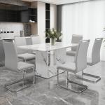 6 Seater Dining Table Set, 63 Inch Kitchen Table and Chairs, White Imitation Marble Table and 6 PU Leather Chairs Set
