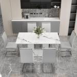 6 Seater Dining Table Set, 63 Inch Kitchen Table and Chairs, White Imitation Marble Table and 6 PU Leather Chairs Set