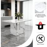 6 Seater Dining Table Set, 63 Inch Kitchen Table and Chairs, White Imitation Marble Table and 6 PU Leather Chairs Set